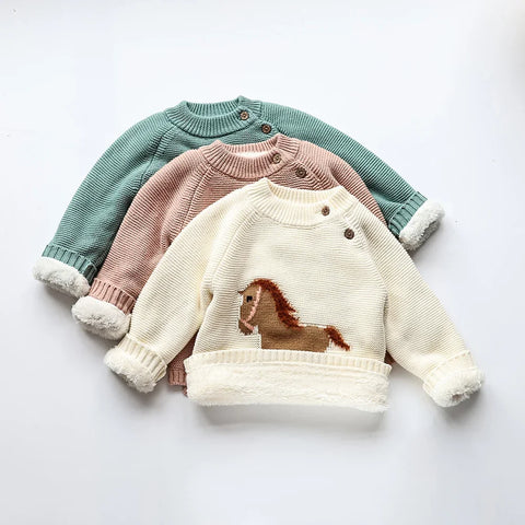 MILANCEL Winter New Cartoon Kids Baby Sweaters Fur Lining Kids Knitwear Fleece Boys Pullover Coat