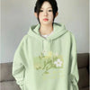 DAYIFUN Women's Korean Hoodie with Pocket Autumn Light Green Flower Printing Sweatshirts Solid Color Loose Casual Oversized Tops