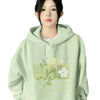 DAYIFUN Women's Korean Hoodie with Pocket Autumn Light Green Flower Printing Sweatshirts Solid Color Loose Casual Oversized Tops